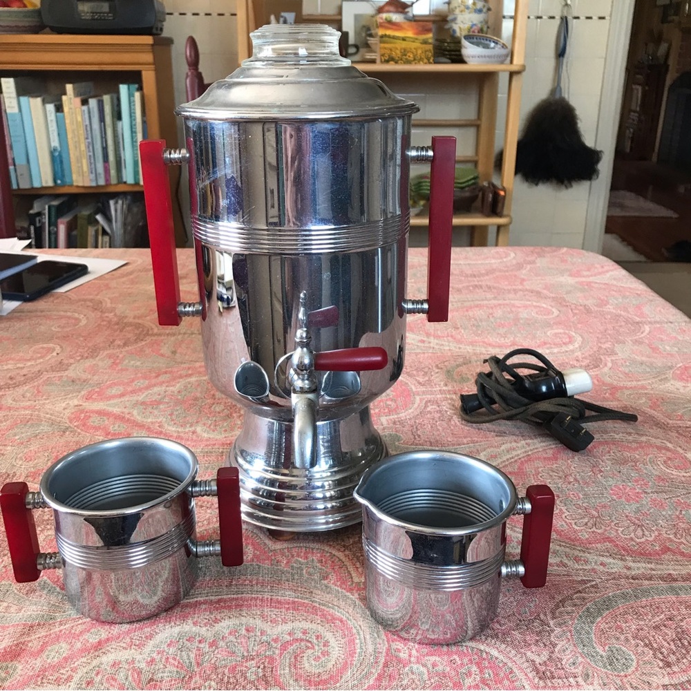 Vintage Bakelite Art Deco coffee percolator with cream and sugar.